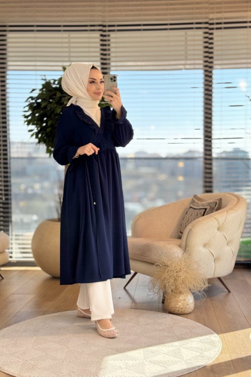 8593 Yandan Bağlamalı Yaka Kenarı Fırfırlı Elbise Lacivert