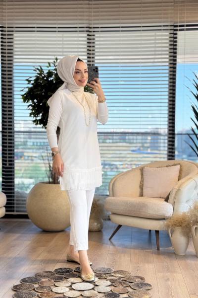 877 Ön Şifon Eteği Piliseli Uzun Kol Bluz Ekru