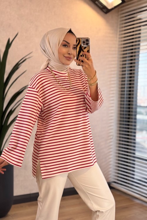 9000 Çizgili Osyho Sweatshirt Kırmızı