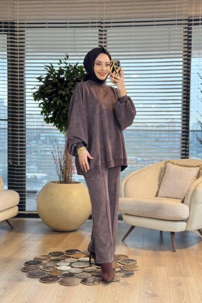 9033 Yarasa Kol Pant. Dikişli Takım Kahve