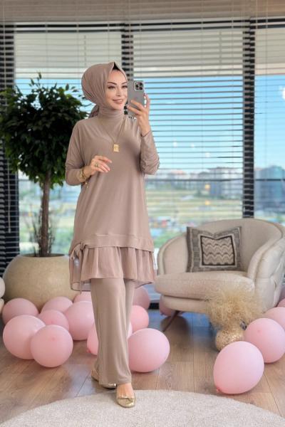 9063 Eteği Tül Ve Bağlamalı Takım Bej