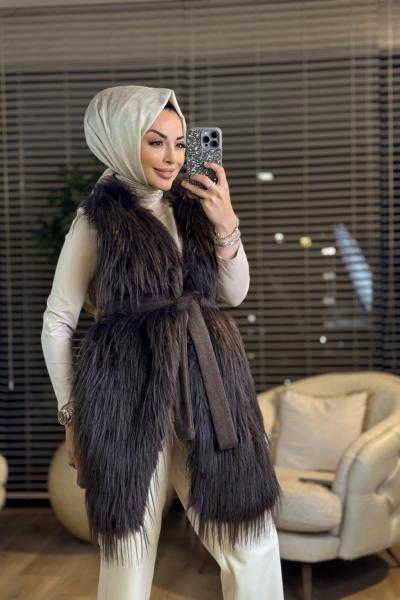 9073 Tüy Detaylı Yelek Kahve