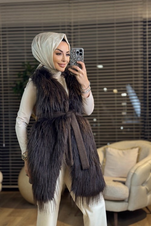 9073 Tüy Detaylı Yelek Kahve