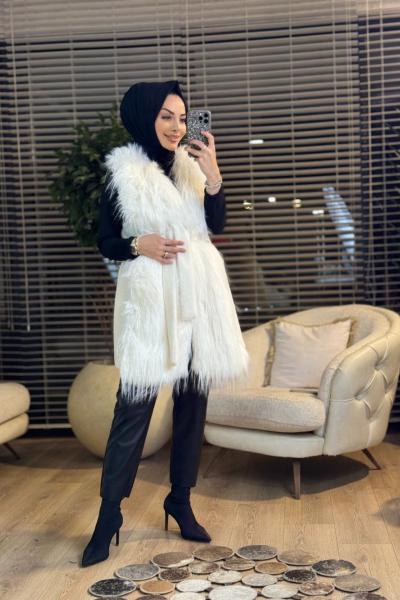 9073 Tüy Detaylı Yelek Ekru