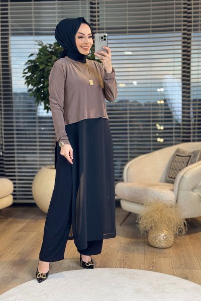 9091 Uzun Şifon Detaylı 3Lü Takım Vizon