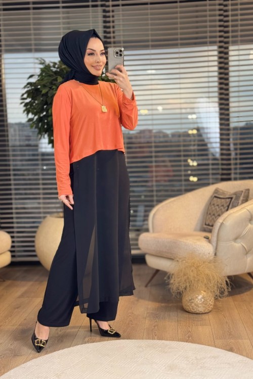 9091 Uzun Şifon Detaylı 3Lü Takım Oranj