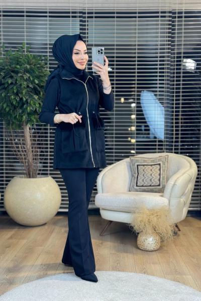 9215 Kaşe Cep Kapağı Kürk Yelek Siyah