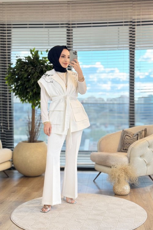 9246 Omuzları Dal Desenli Yelek Ekru