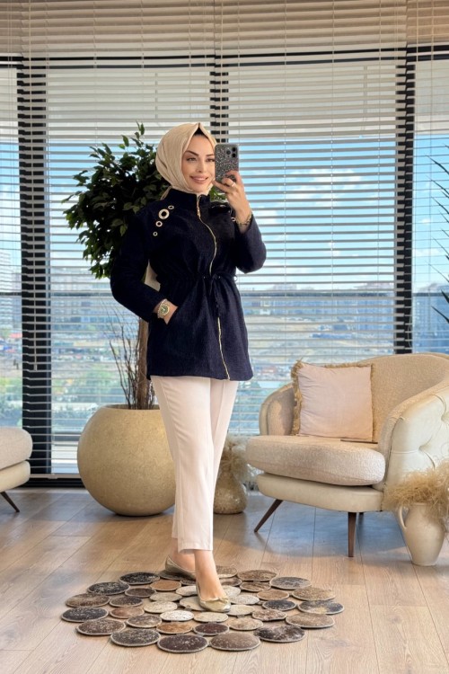 9264 Kot Gold Zımba Detaylı Fermuarlı Kap Lacivert