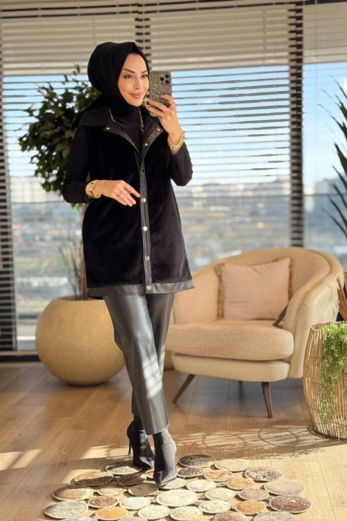 9280 Ön Çıçıtlı Kürk Yelek Siyah