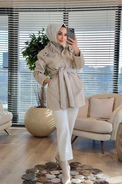 9283 Omuzları Kuşgözlü Takım Bej