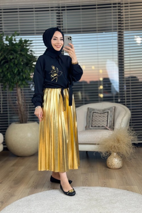 9641 Cebi Çiçek Baskılı Plise Etek Takım Siyah Gold
