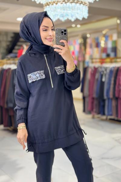 9766 Cep Kapağı Payetli Kapşonlu Takım Siyah