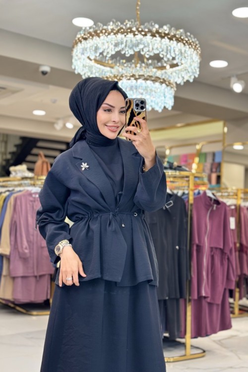 9804 Kolsuz Elbise Ceket 2li Takım Siyah