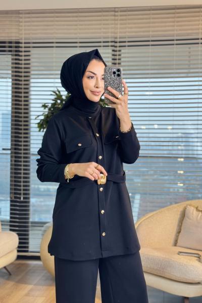 9830 Ön İki Cepli Beli Kemerli Pantolon Siyah