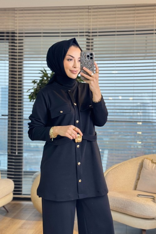 9830 Ön İki Cepli Beli Kemerli Takım Siyah