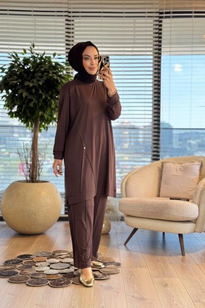 9894 Ön Dikiş Ve Taş Detaylı Takım Kahve