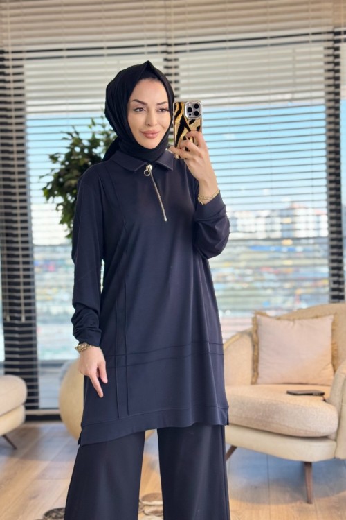 9910 Önü Kordon Biye Detaylı Tunik Siyah