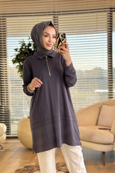 9910 Önü Kordon Biye Detaylı Tunik Antrasit