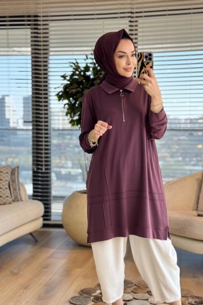 9910 Önü Kordon Biye Detaylı Tunik Mürdüm