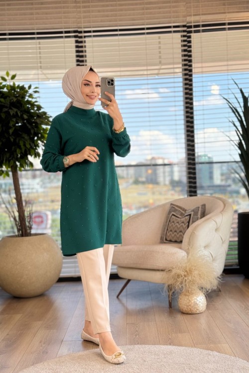 A1408 Krep Taş İncili Tunik Zümrüt