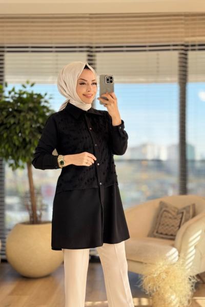 A1414 Ön Ponpon Ve Dantel Detaylı Tunik Siyah