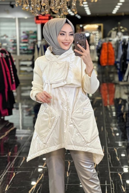 BZE1082 Triko Kollu Şişme Kaban Ekru