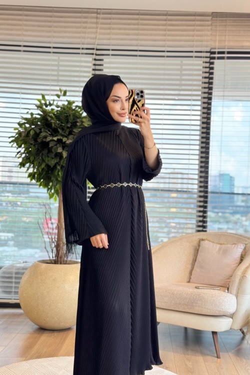 ESS0071 Sare Pilise Elbise Siyah