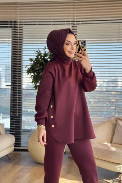 HWN6260 Yanları Düğme Detaylı Takım Bordo