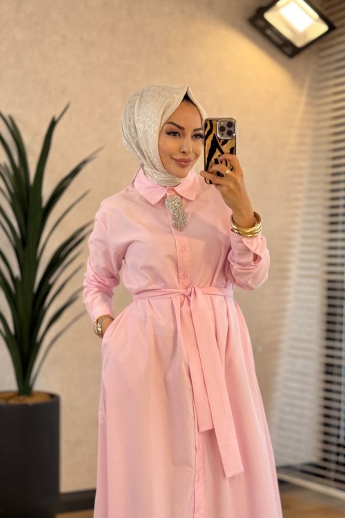 HWN6296 Vela Gömlek Elbise Pembe