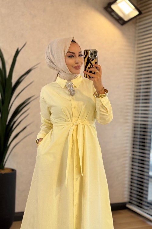 HWN6296 Vela Gömlek Elbise Sarı