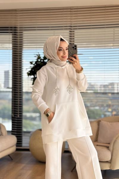 HWN9020 Maraya Kanguru Cepli Sweat Ekru