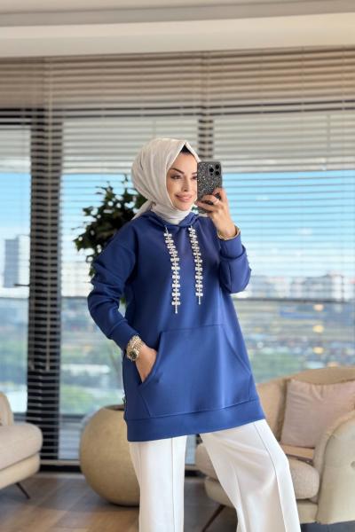 HWN9021 Parla Kanguru Cepli Sweat İndigo