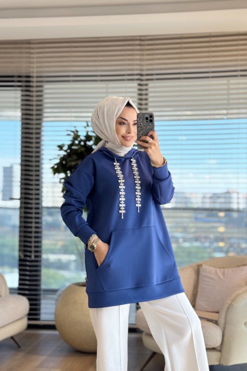 HWN9021 Parla Kanguru Cepli Sweat İndigo