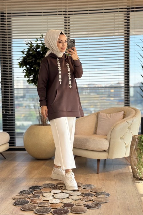 HWN9021 Parla Kanguru Cepli Sweat Kahve
