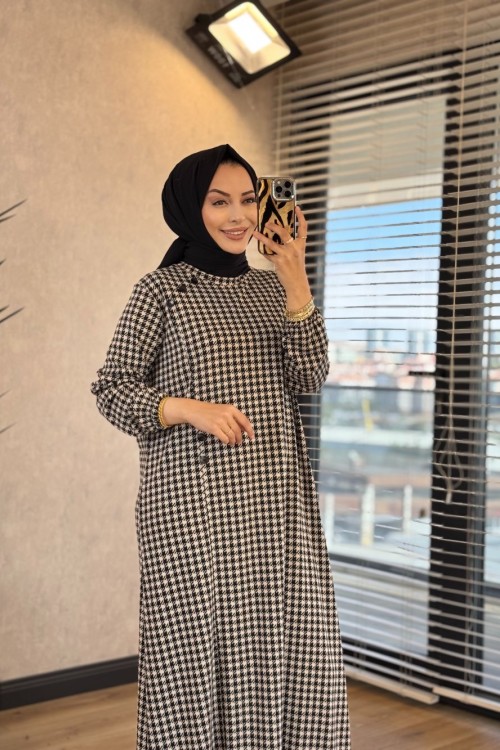 K2627 Kazayağı Desenli Elbise Siyah
