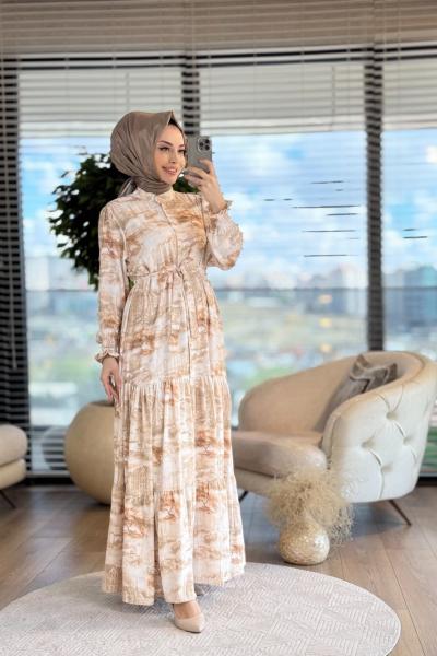 MRW1332 Summer Gemi Desenli Elbise Bej