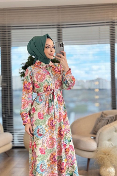 MRW1353 Renkli Çiçekli Elbise Standart