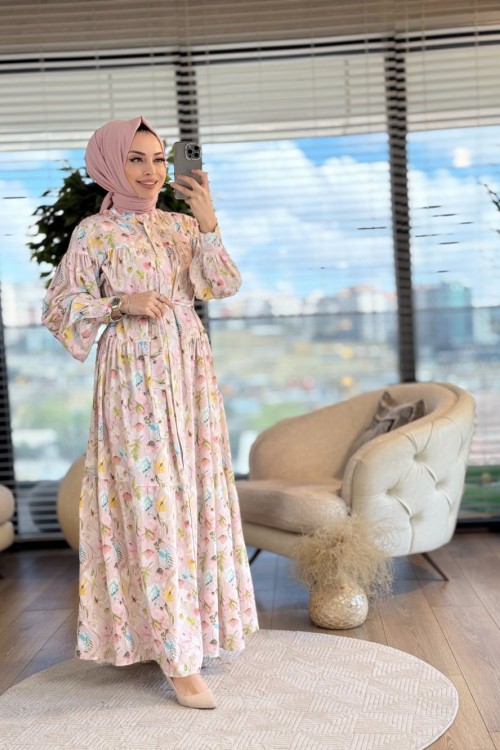 MRW1372 Fas Çiçek Desenli Elbise Pembe