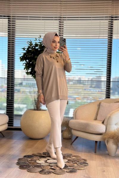 MRW1503 Basic Düğme Triko Tunik Vizon