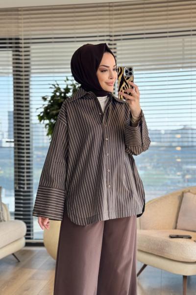 MRW1688 Çizgili Poplin Gömlek Kahve