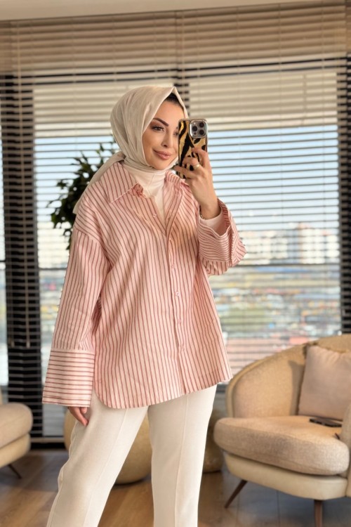 MRW1688 Çizgili Poplin Gömlek Ekru
