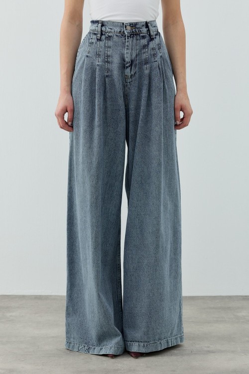 MRW1691 Pileli Denim Pantolon Mavi