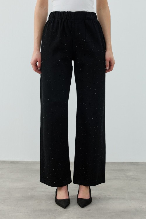 MRW1693 Palazzo Taşlı Denim Pantolon Siyah