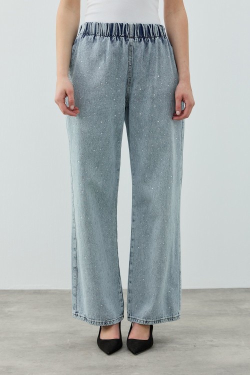 MRW1693 Palazzo Taşlı Denim Pantolon Mavi