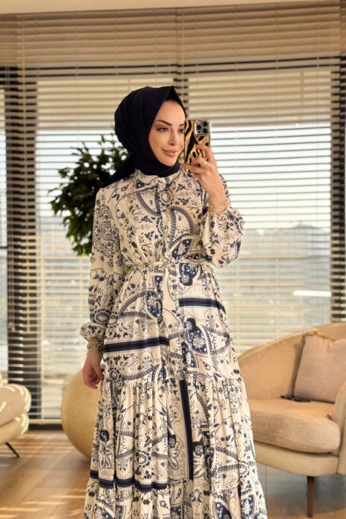 MRW1708 Desenli Elbise Lacivert