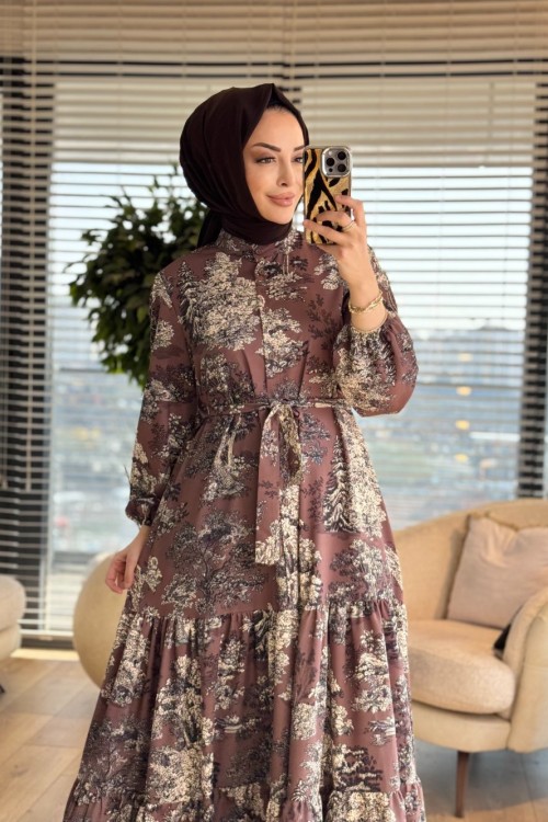 MRW1727 Desenli Elbise Kahverengi