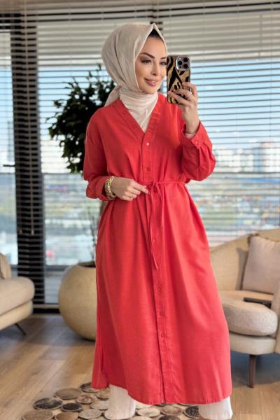 MRW1794 V Yaka Düğmeli Uzun Keten Gömlek Mercan