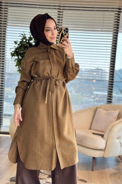 MRW1811 Uzun Keten Gömlek Kahve