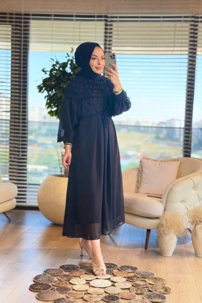 PR5708 Şifon Üstü Lastik Büzgülü Elbise Siyah